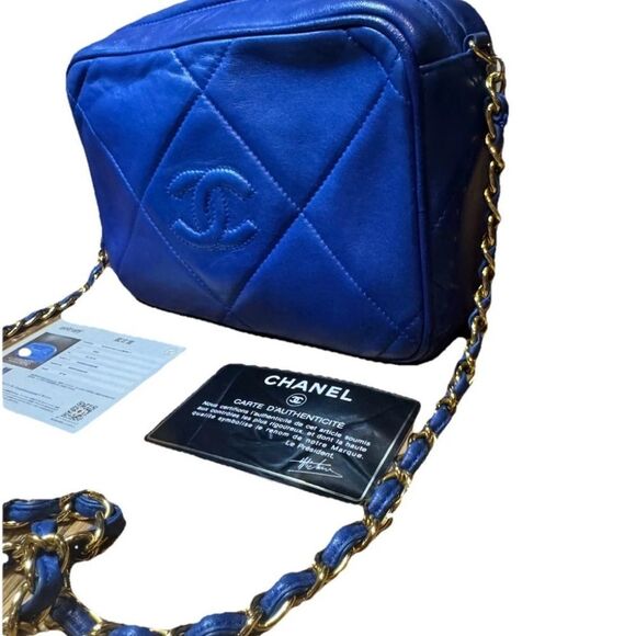 CHANEL Quilted Tassel CC Camera Bag Case Blue Lambskin Auth 1980s Crossbody - Picture 6 of 16